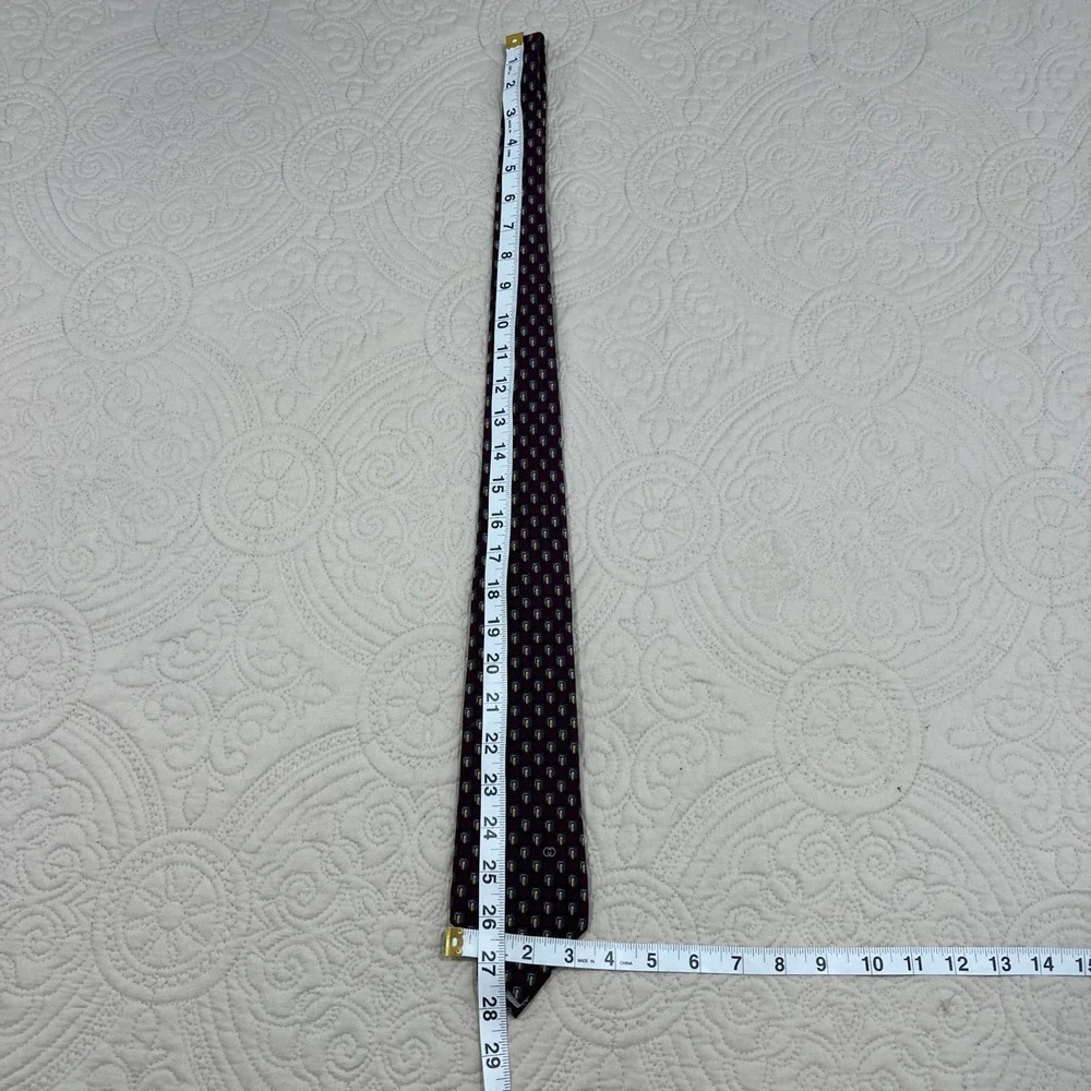 Gucci Mens Silk Necktie Burgundy Navy Gold Geometric Square GG Logo Italy Made